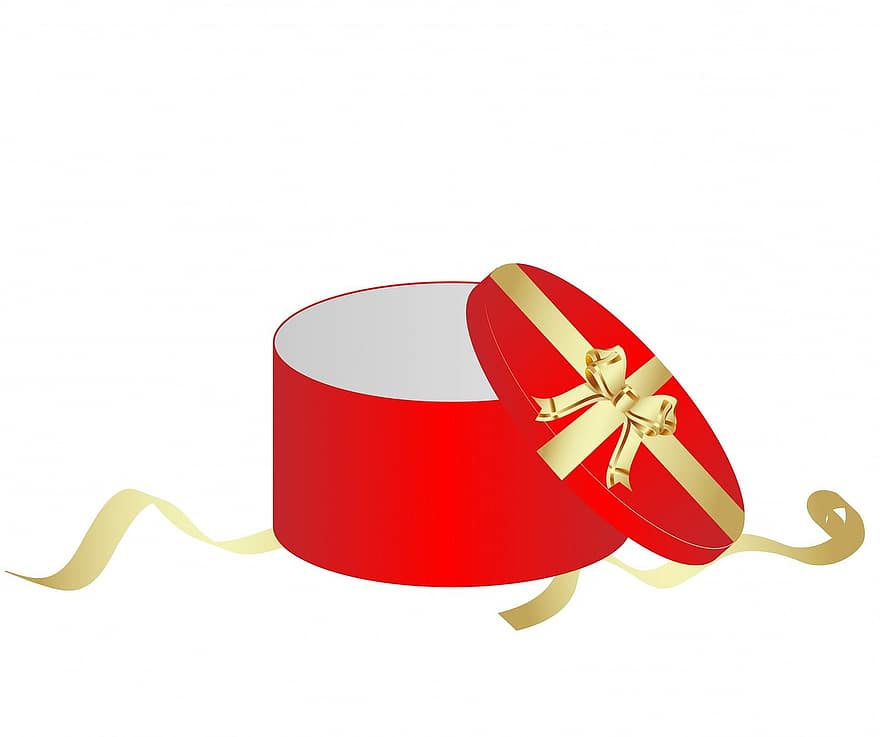 prezent, pudełko, pudełko na prezent, czerwony, okrągły, pokrywa, łuk, faborek, wstążki, dekoracyjny, sztuka