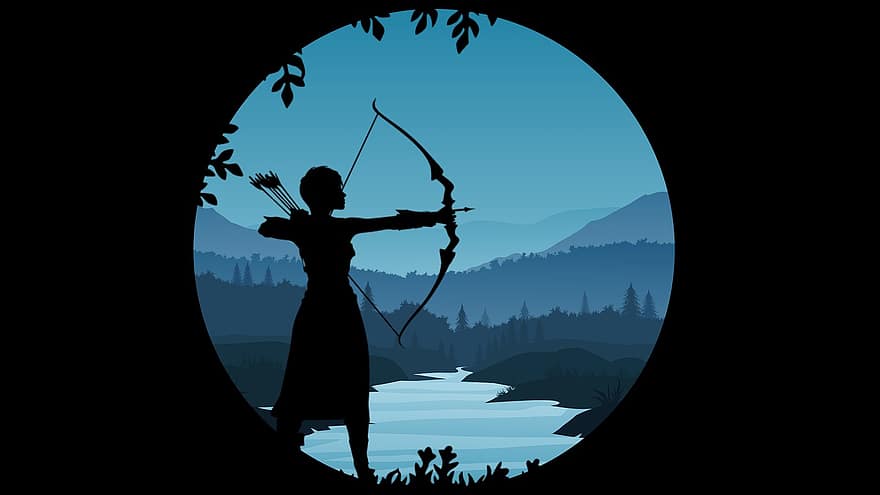 Mujer cazando, noche, flecha, arco, silueta, cazador, objetivo, arquero, cazar, práctica, tirador