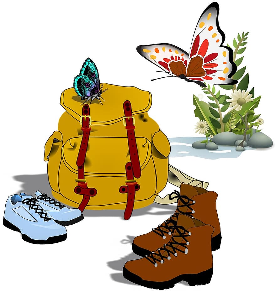 primavera, excursionismo, mariposas, Zapatos