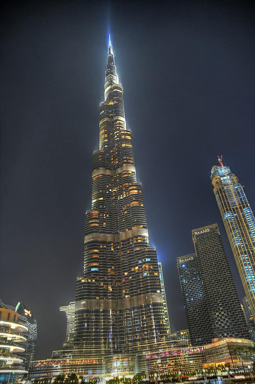 Dubai, Burj, Khalifa, Uae, Fountain, Building, City, United Arab Emirates, Skyline, Night, Background