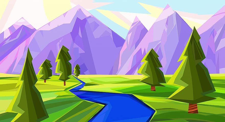 vektor, landskap, bergen, flod, träd, minimalism, illustratör