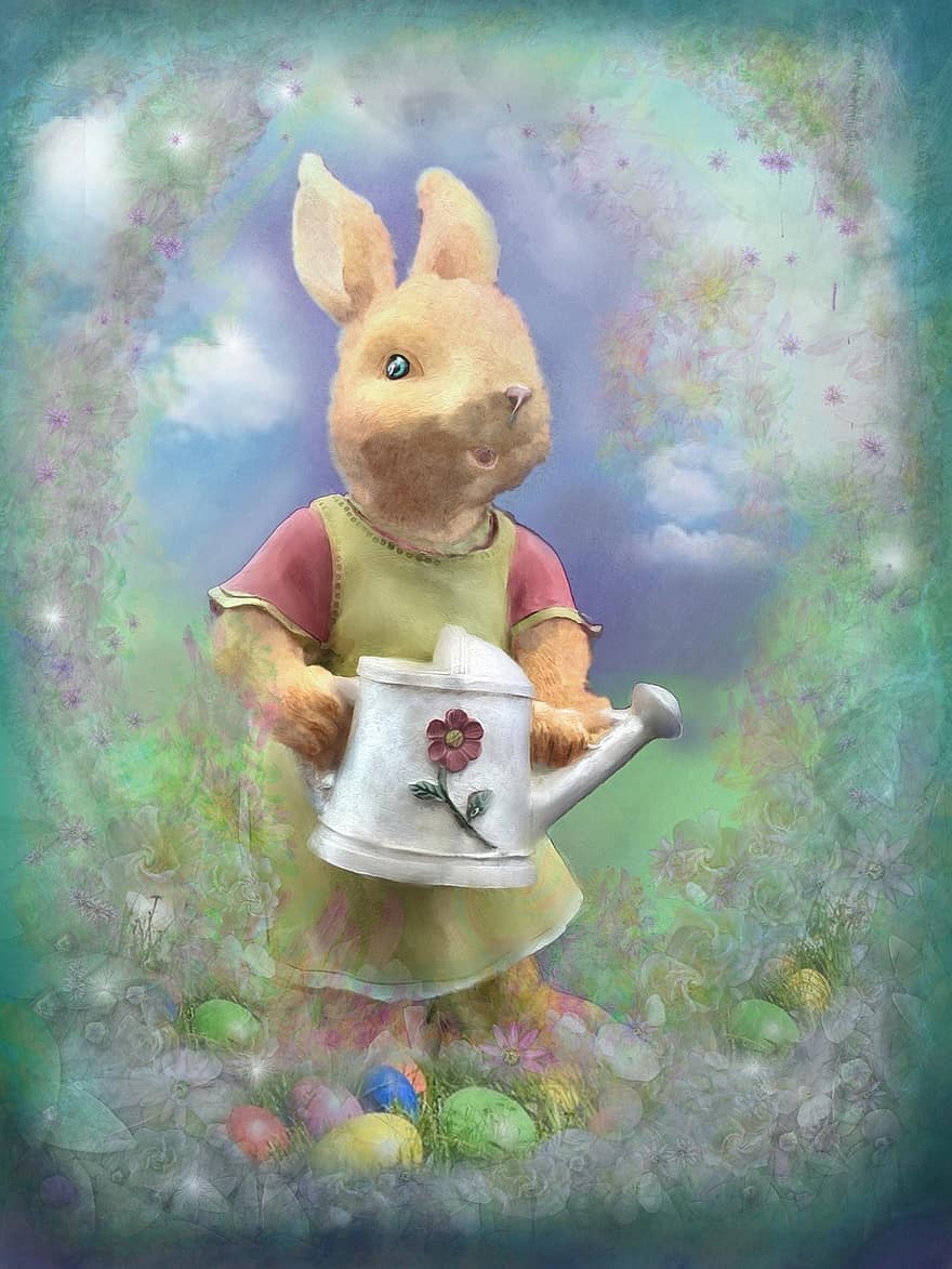 Pascua de Resurrección, Conejo, Chocolates de verano, linda, ilustración, mapa, primavera, regadera, alfombra, verde, azul