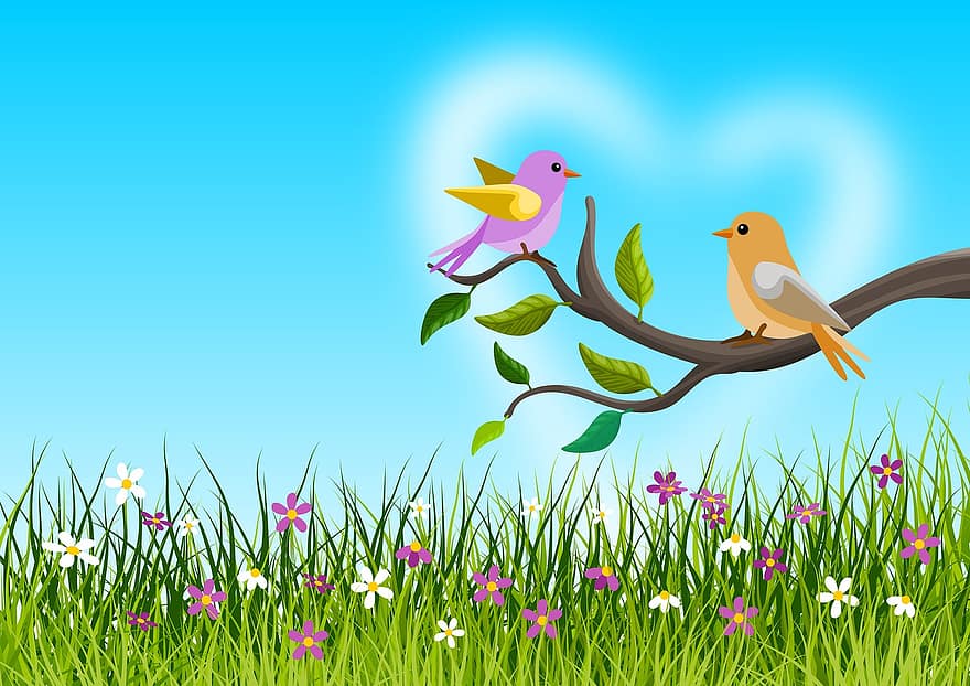 ilustrasi, bunga, berbunga-bunga, burung-burung, pacaran, kasal, kisah cinta, asmara, kasih sayang, musim semi, bunga-bunga