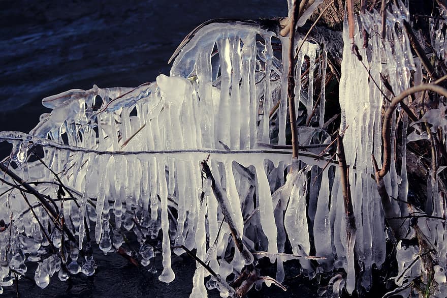 stalactite, la glace, esthétique, branches, hiver, congelé, gel, hivernal, glacé, eiskristalle, la nature
