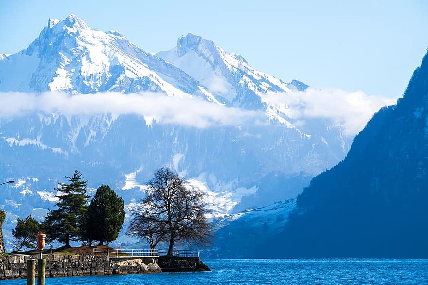 sø lucerne, bjerge, vinter, Schweiz, Pilatus, sø, natur, sne, landskab, bjerg, blå