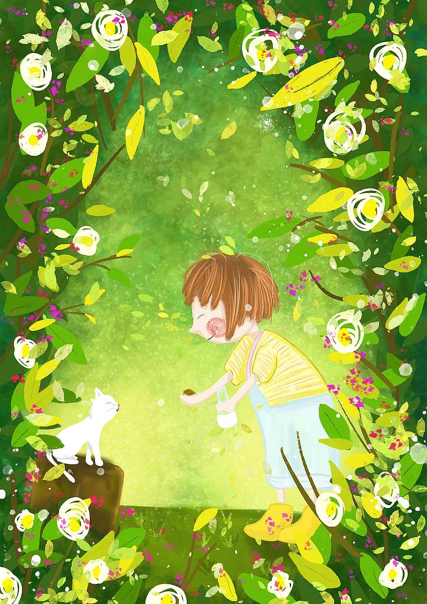 ragazzo, gatto, cartone animato, le foglie, colorato, natura, fiore, erba, vettore, illustrazione, bambino