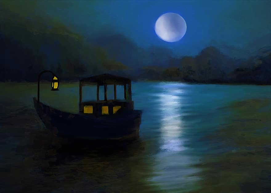 perahu, malam, pemandangan, alam, keindahan, bulan, refleksi, air, tradisional, laut, biru