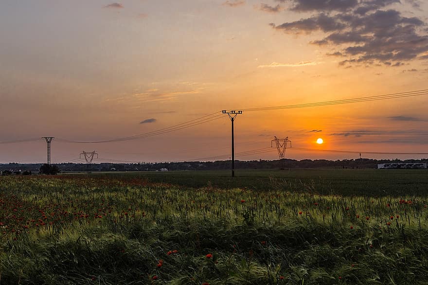 postes de electricidad, amanecer, naturaleza, puesta de sol, campo, rural, al aire libre, cielo