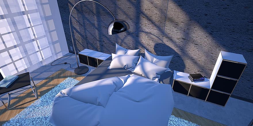 Camera da letto, interior design, Rendering 3D, 3d Mockup, architettura, Design moderno della camera da letto, in casa, moderno, stanza domestica, blu, design