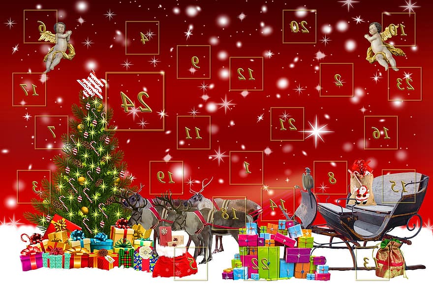 ολίσθηση, δώρα, τάρανδος, δέντρο, άγγελος, Ημερολόγιο, έλευση, Χριστούγεννα, έκπληξη, Χριστουγεννιάτικο μοτίβο, ευχετήρια κάρτα