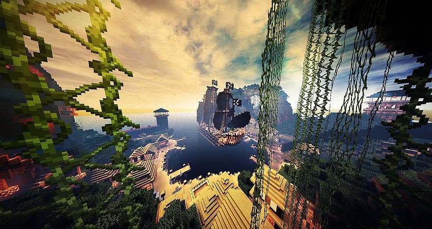 Minecraft, panorama, agua, montanha, natureza, azul, céu, videogames, jogos, shader, barco