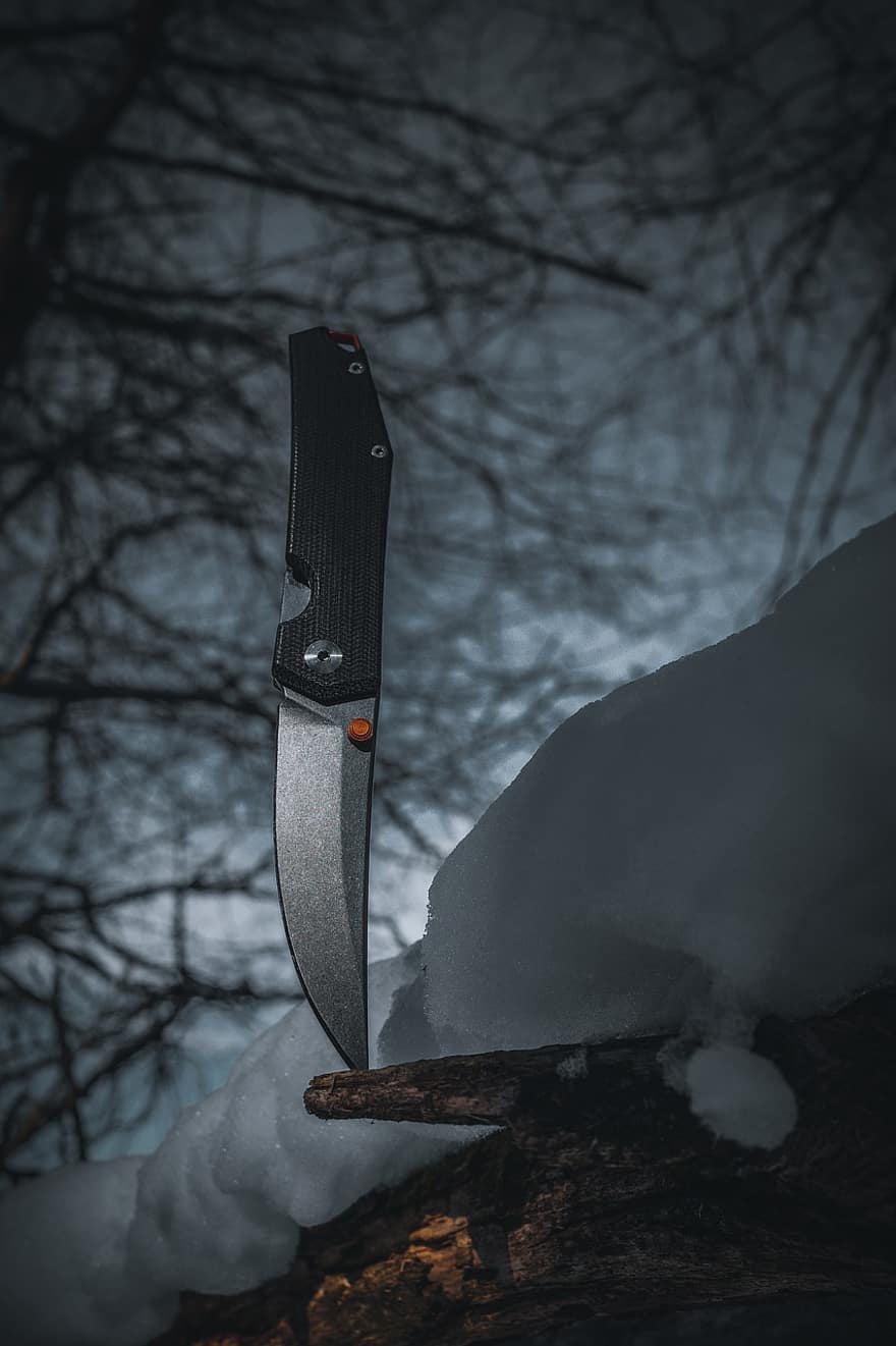 Knife, Forest, Bushcraft, winter, snow, tree, ice, sharp, blade, branch, close-up