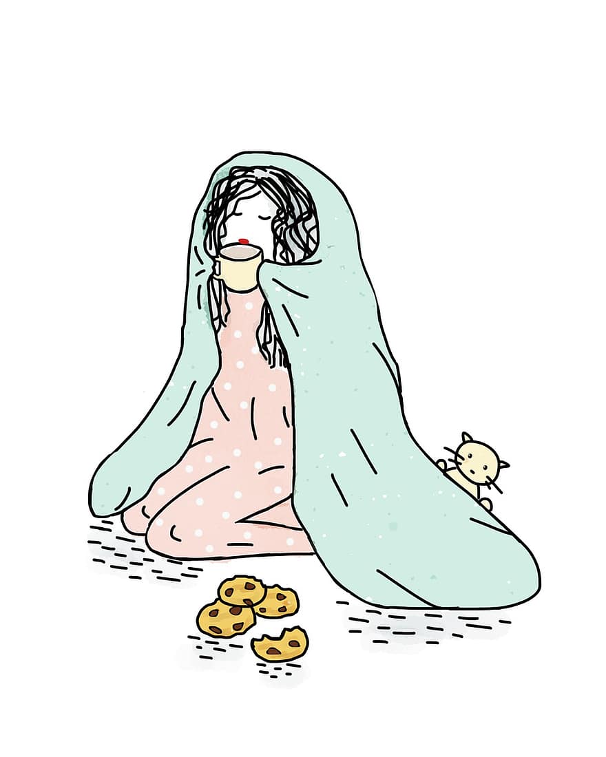 毛布の中の少女、コーヒーを飲んでいる、クッキー、居心地の良い、眠いです、怠惰な、ネコ、子猫、シーフォームカラー、パジャマ、温かいお茶