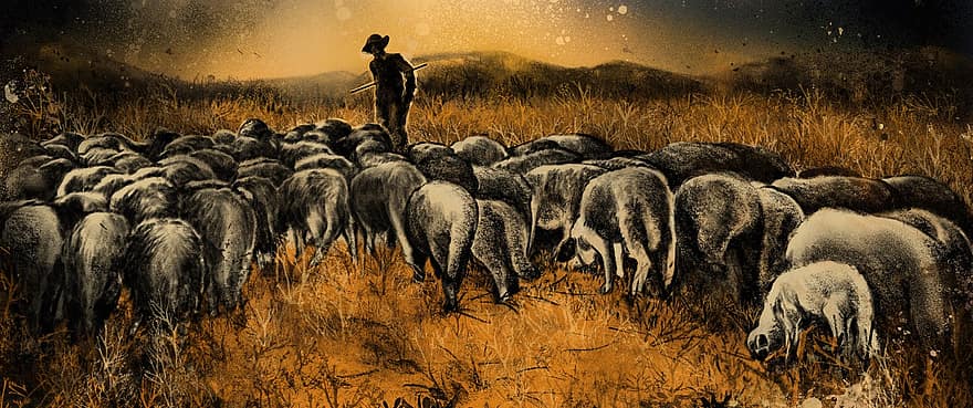 пастух, овець, баранина, ферми, ілюстрації, чоловіки, християнство, сільське господарство, сільська сцена, скотарство, краєвид