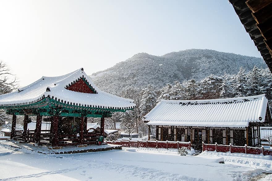 寺院、韓国、冬、雪、風景、仏教、観光、旅行、自然、ハノク、山