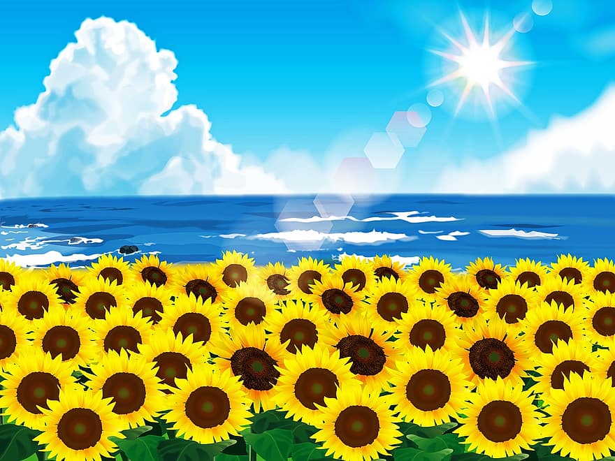 Sunflower And Sea Landscape, Ocean, Sunflowers, Clouds, Sky, Sun, Landscape, Nature, Plant, Sunflower, Sea