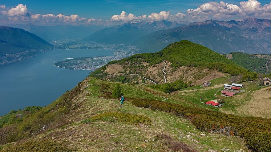 une randonnée, marcheur, perspective, Lago Maggiore, Randonnée en haute altitude, montagnes, Tessin, Ascona, Lac, Suisse, Montagne