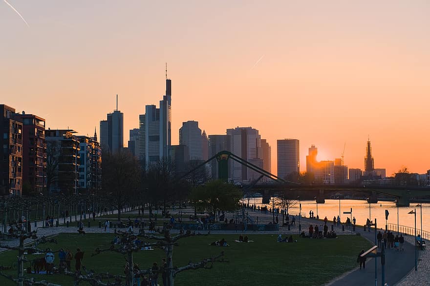 Frankfurt, Németország, láthatár, város, napnyugta, városi, építészet, Weseler Werft, Oosten, Skyline bár, Oostende