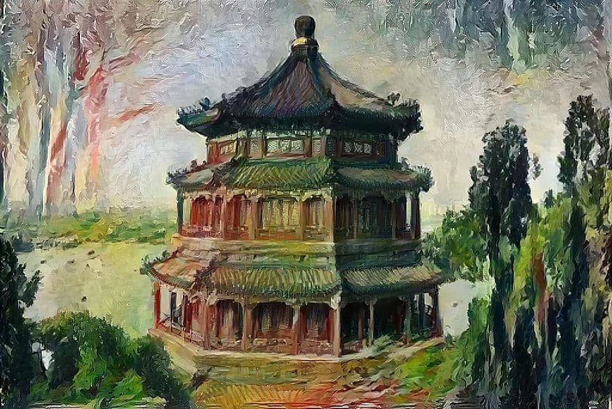 pałac, obraz, Chiny, lato, sztuka, Natura, architektura, kultury, znane miejsce, namalowany, obrazy