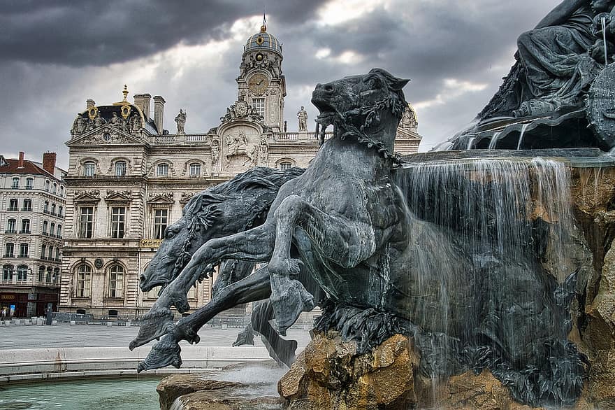 Lyon, sted des terreaux, fontene, skulptur, statue, vann, rådhus, landemerke, historisk, torget, parkere