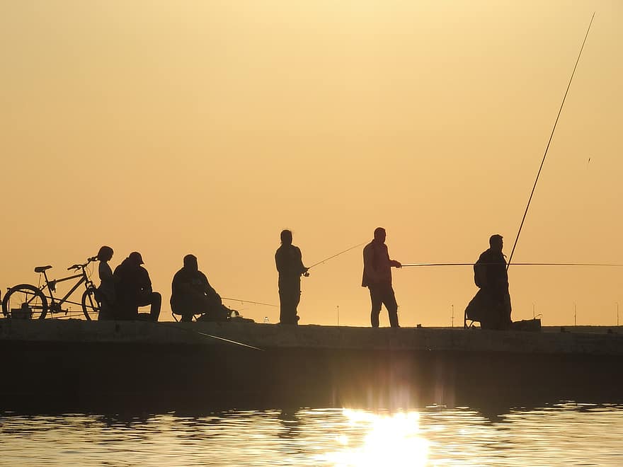 pescar, homes, oci, posta de sol, vespre, moll, vareta, mar