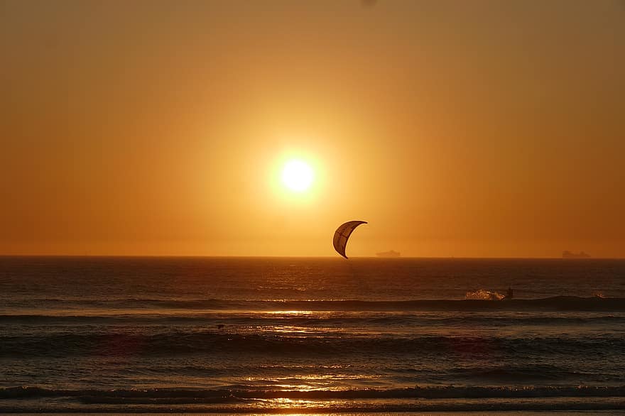 kitesurfing, η δυση του ηλιου, θάλασσα, Κέιπ Τάουν, Νότια Αφρική, ακραία αθλήματα, άθλημα, ήλιος, σούρουπο, κύμα, ηλιακό φως