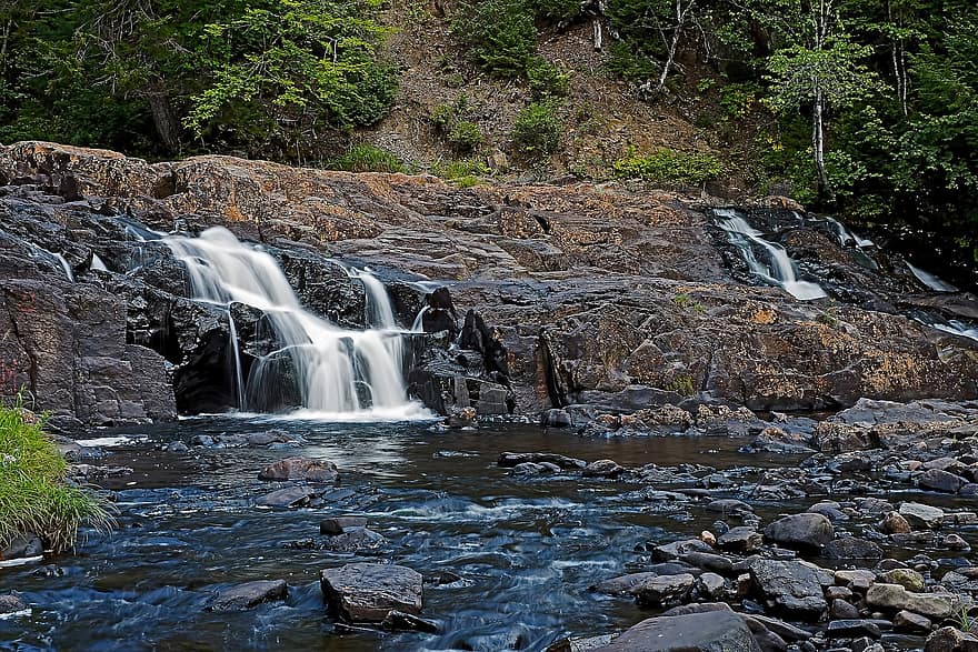 Upper Burnside Falls, vandfald, flod, natur, klipper, vand, nova scotia, Skov, klippe, flyder, landskab