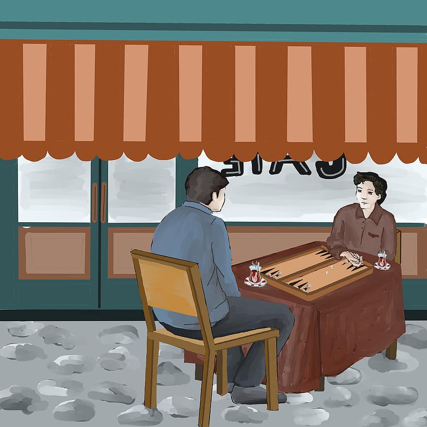 Kafé, backgammon, spel