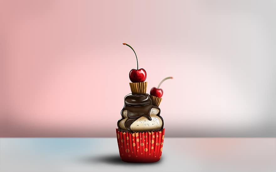 Cupcake, Kirsche, Gebäck, Cupcake-Liner, Dessert, Glasur, Schokoladensirup, Obst, Lebensmittel, Süss