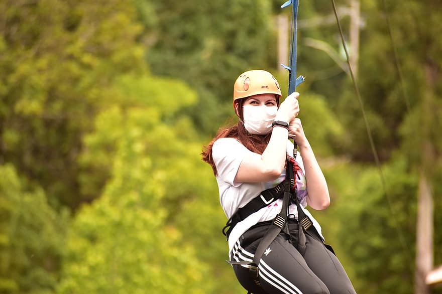 Woman, Adventure, Zipline, Adrenaline, Helmet, Travel, Leisure, Outdoors, sport, extreme sports, rope