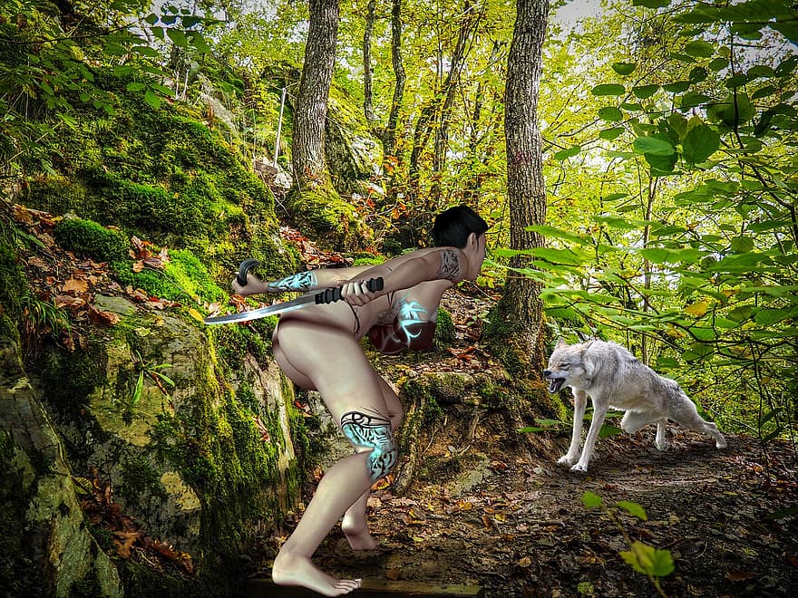 kriger, ulv, fantasi, kæmpe, kvinde, pathway, skov