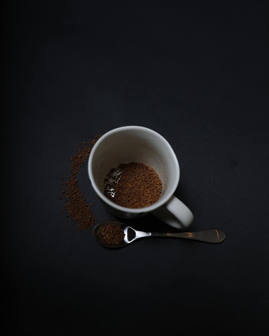 káva, džbánek, kávový prášek, instantní káva, pohár, šálek kávy, ploché ležel, napít se, nápoj