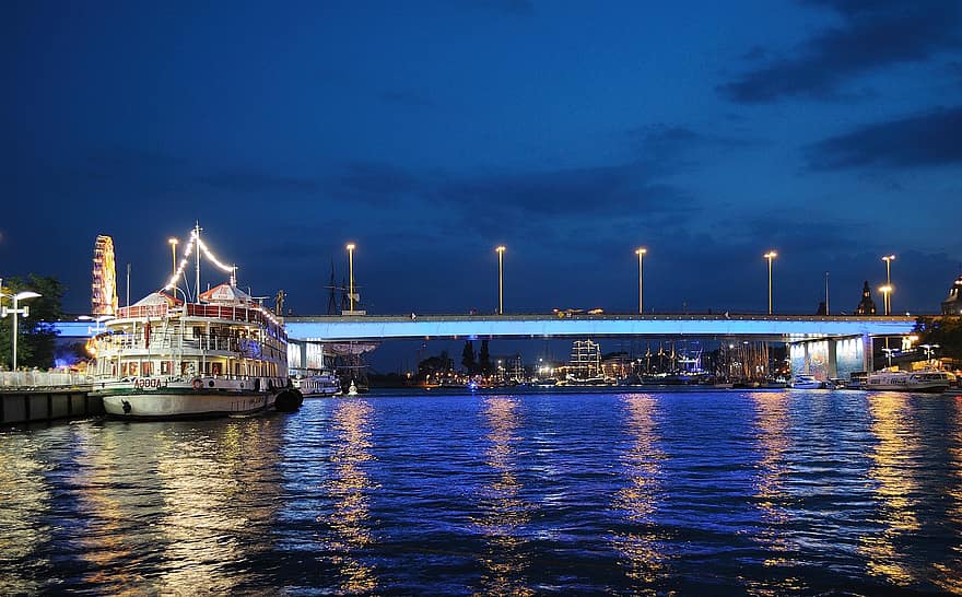 City, Bridge, River, Travel, Tourism, Port, Ship, Lit, night, water, dusk
