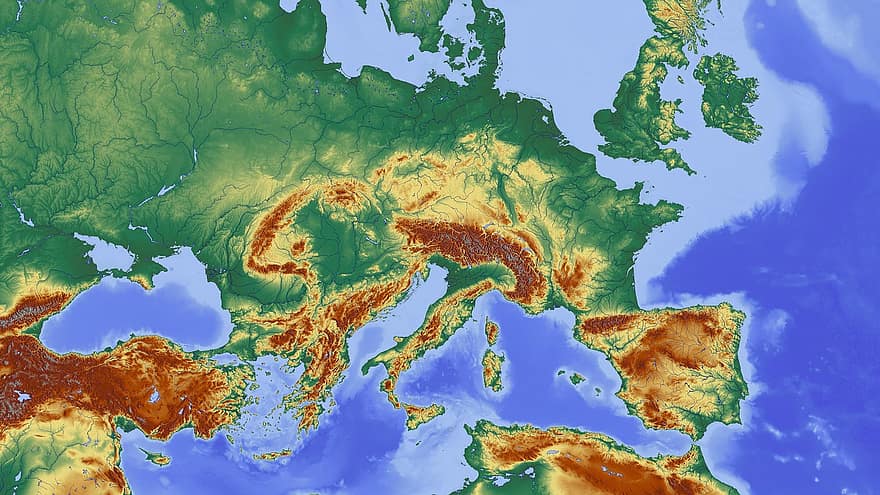 peta, Eropa Tengah, eropa, peta bantuan, profil ketinggian, Struktur Ketinggian, warna, pemetaan, Proyeksi Mercator, naungan, peta ketinggian