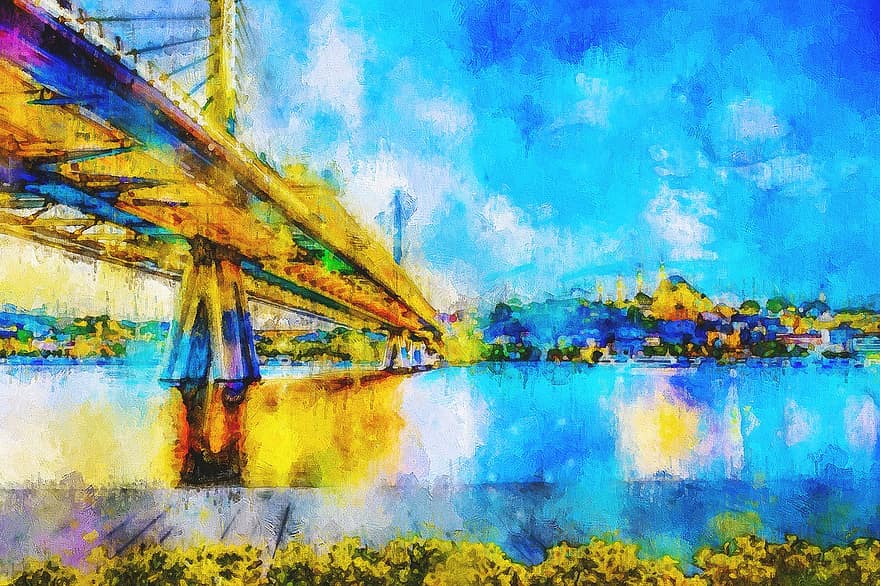 ponte, fiume, pittura, cittadina, città, struttura, aquarelle, acquerello, arte digitale, artistico, arte