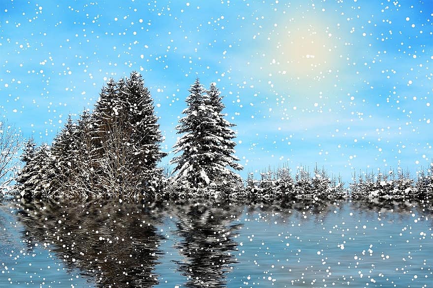 kış, kar, doğa, peyzaj, soğuk, ağaçlar, ruh hali, göl, yansıma, beyaz