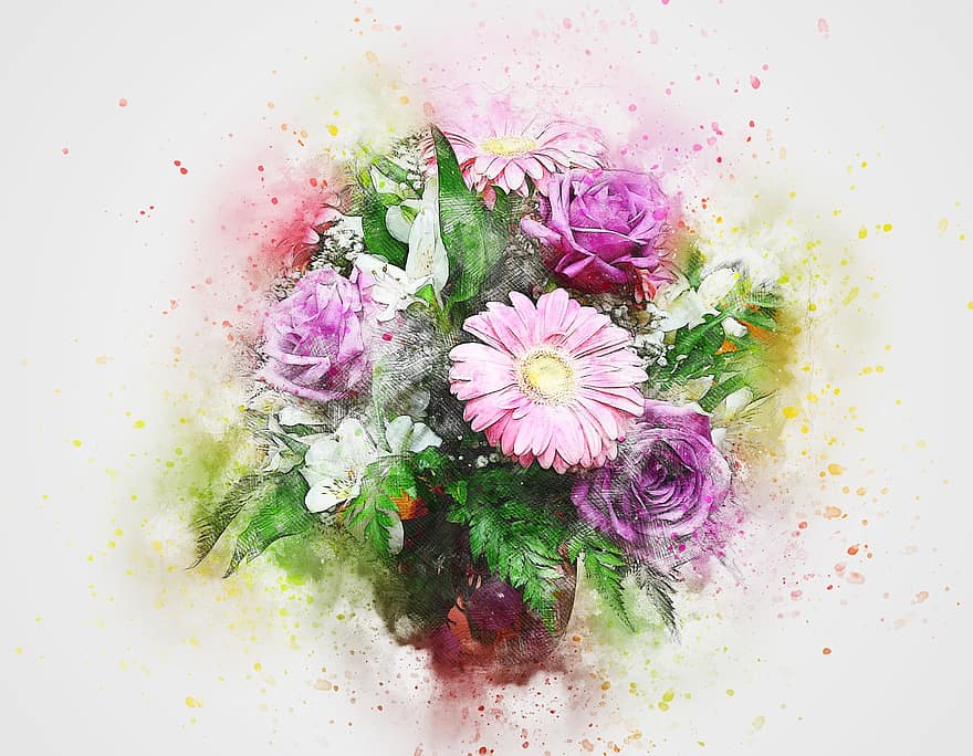 gėlės, rožės, puokštė, menas, pobūdį, santrauka, akvarelė, Vestuvės, derliaus, pavasaris, romantiškas