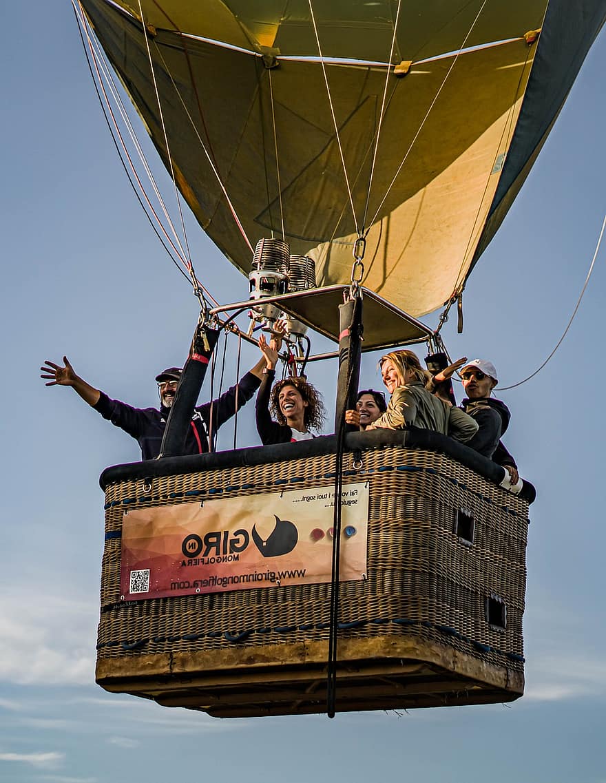horkovzdušný balón, lidé, šťastný, volný čas, dobrodružství, zábava, gondola, košík, balón, cestovat, průzkum