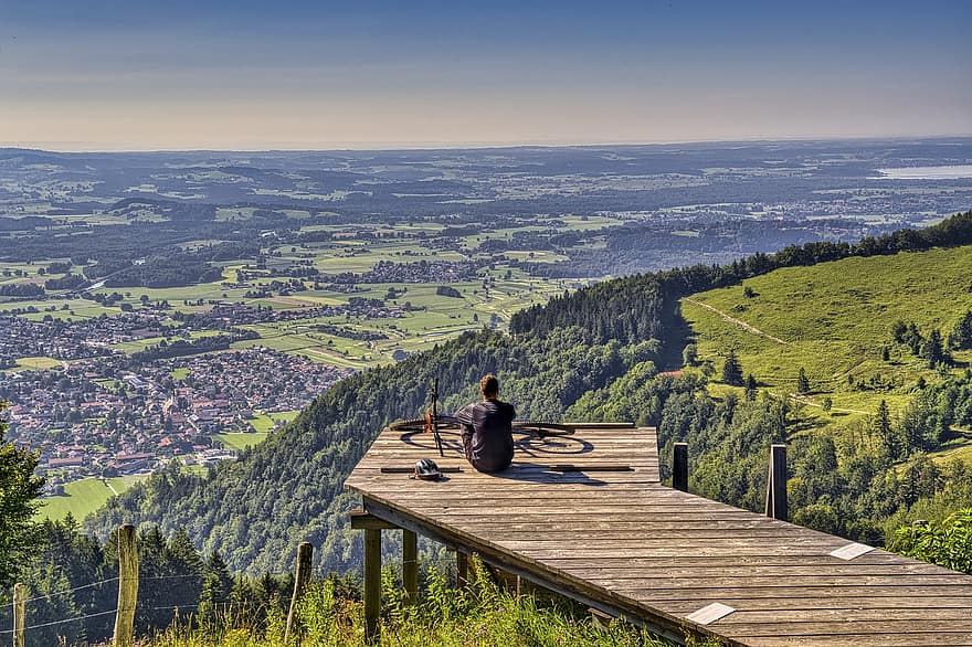 személy, nézőpont, híd, erdő, fák, levelek, lombozat, Kilátás, tájkép, Chiemgau, felső bajorország