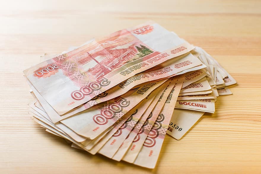 ロシアルーブル、現金、お金、通貨、ファイナンス、紙幣、銀行業、スタック、富、貯金、閉じる