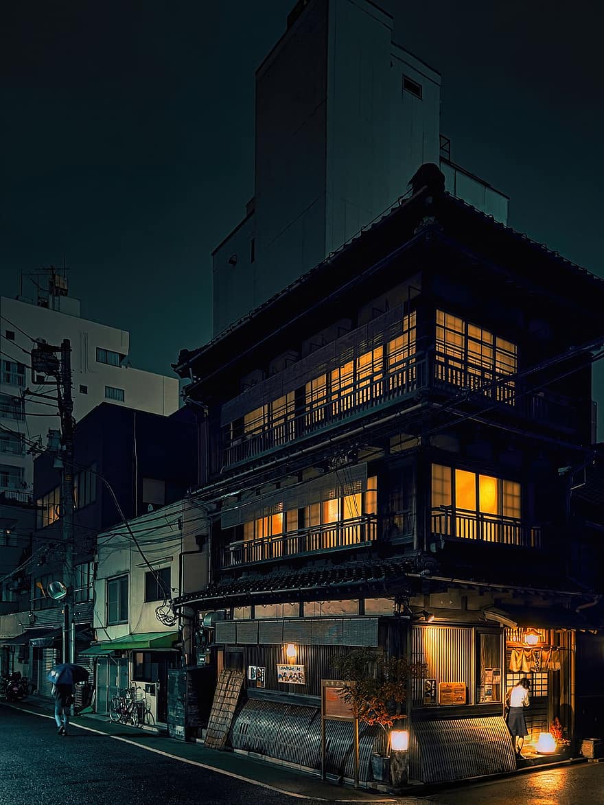 yö-, tumma, valot, Tokio, Japani, japanilainen ravintola, puurakennus