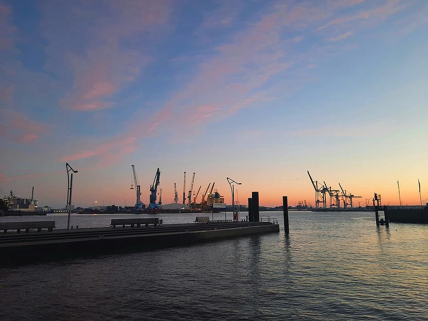 göl, akşam karanlığı, açık havada, seyahat etmek, gün batımı, keşif, tekneler, HafenCity, Elbphilharmonie, Hamburg, liman motifleri