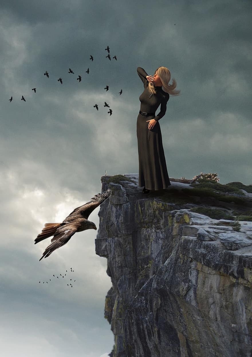 nő, szikla, Adler, madarak, ég, katasztrófa terhes, misztikus, felhők, tájkép, természet, ruha