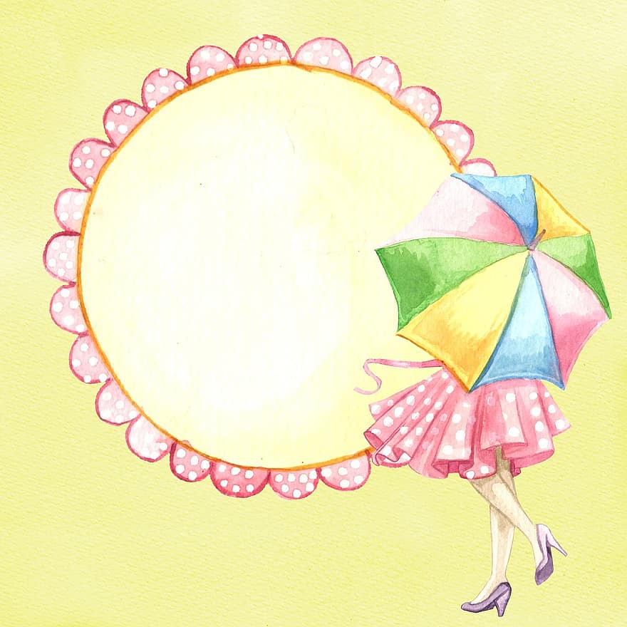 Umbrella, Rain, Background, Watercolor, Woman, Girl, Label, Scrapbook, Square, Empty, Template