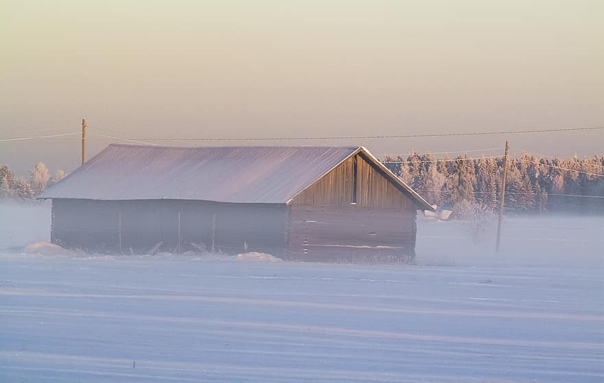 venkov, stodola, zimní, sníh, mlha