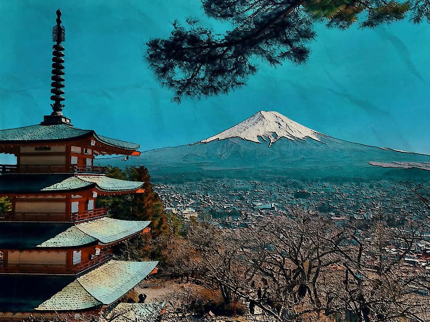 hegy, fuji, régi, templom, néz, ki, pont, színpadi, Kilátás, szabadban, turista