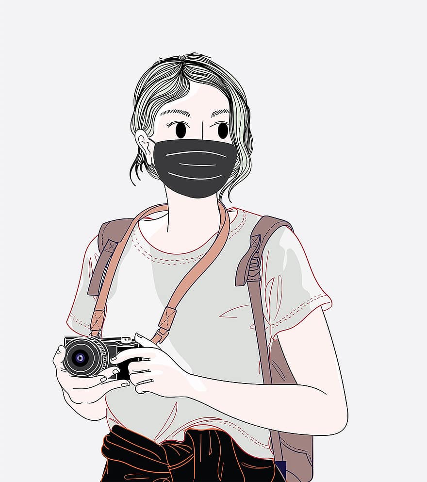 mulher, fotógrafo, máscara falsa, Câmera, moda, tampa, coronavírus, pandemia, epidemia, mascarar, máscara médica