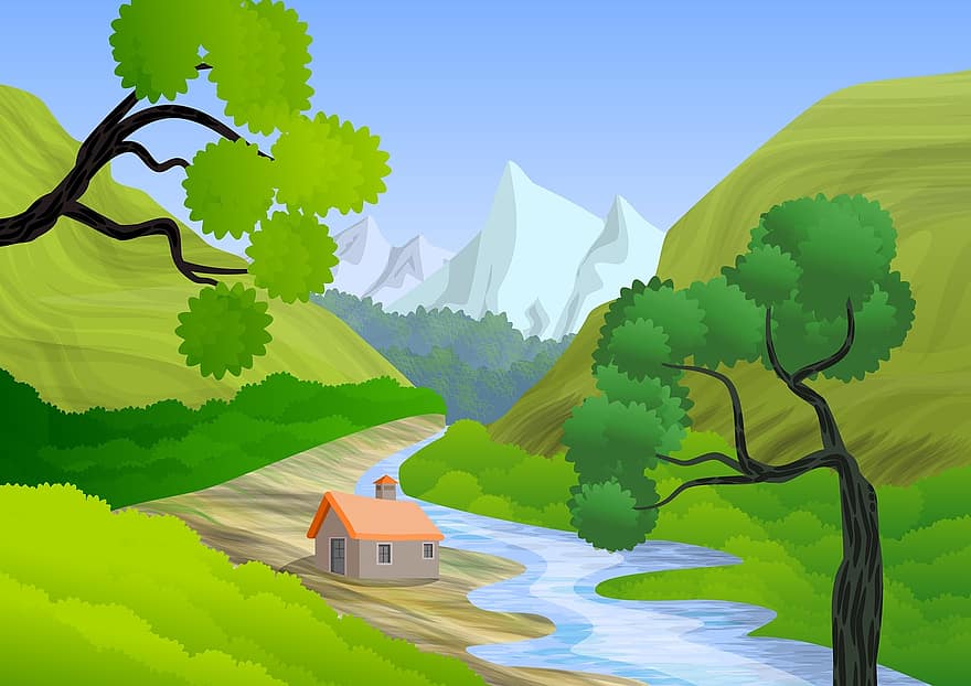 paisaje, naturaleza, montañas, cerros, arboles, verde, azul, guión, ilustración, rio, agua