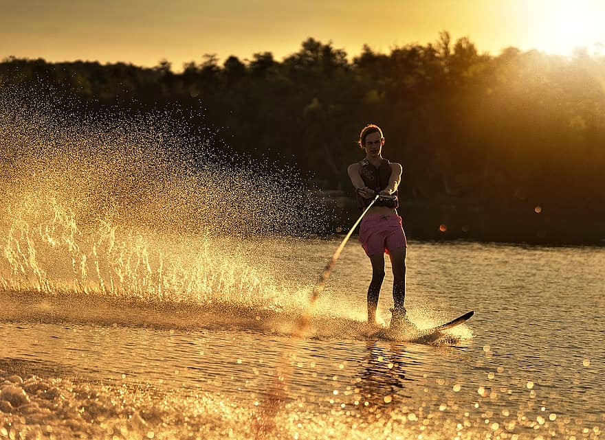 ski, vann, vannski, sport, solnedgang, innsjø