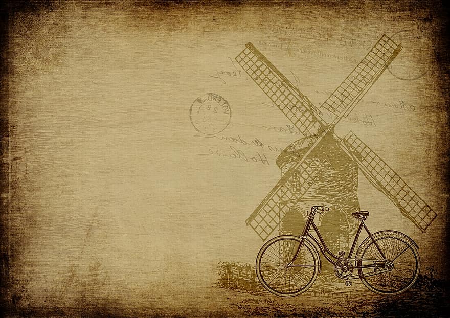 Nederlands, windmolen, wijnoogst, oud, papier, achtergrond, kopie ruimte, uitvinding, fiets, doopvont, montuur